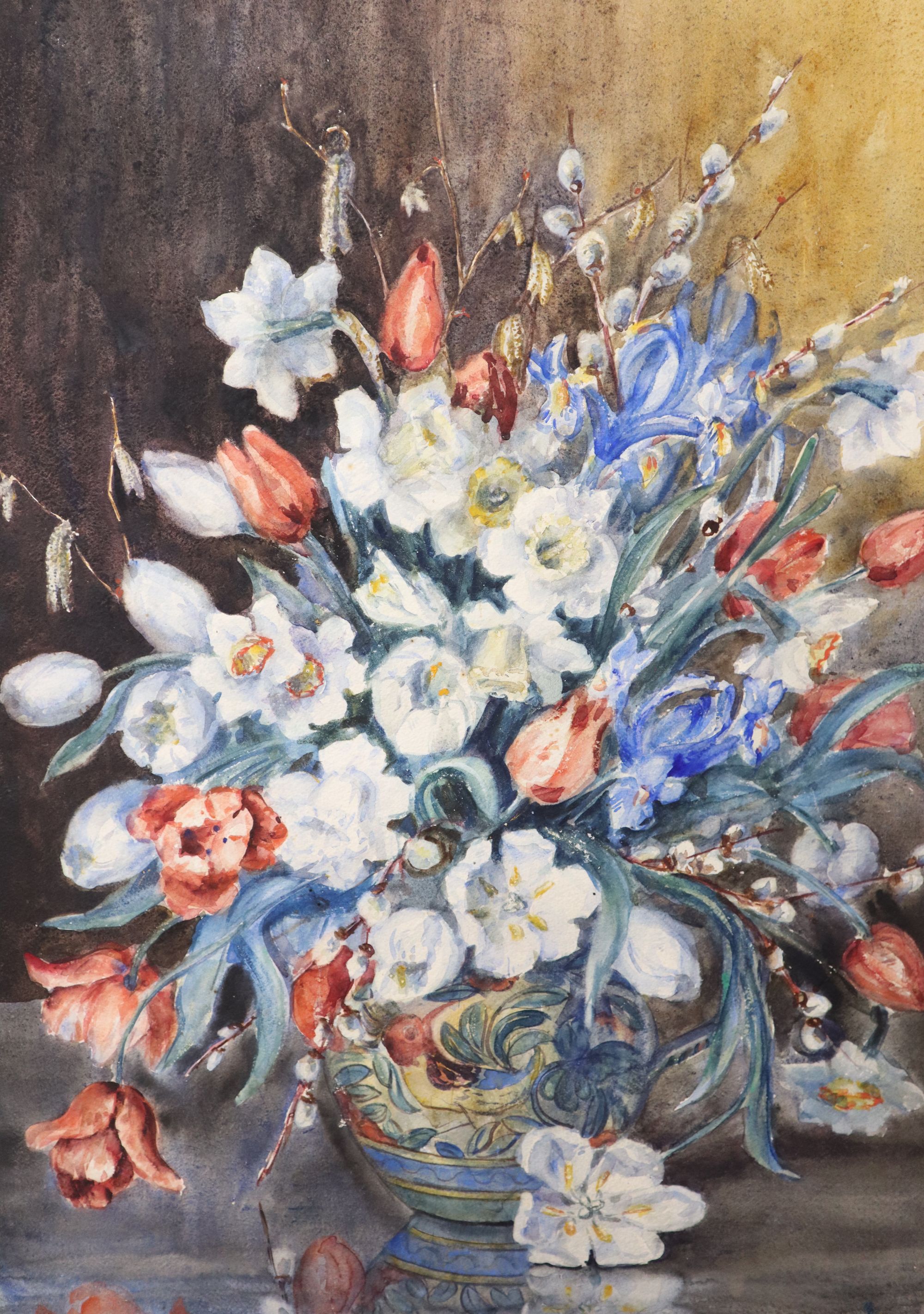 John Hamilton Glass (fl.1890-1925), watercolour, Waterside houses, signed, 32 x 47cm, a Marion Broom still life watercolour of flowers,